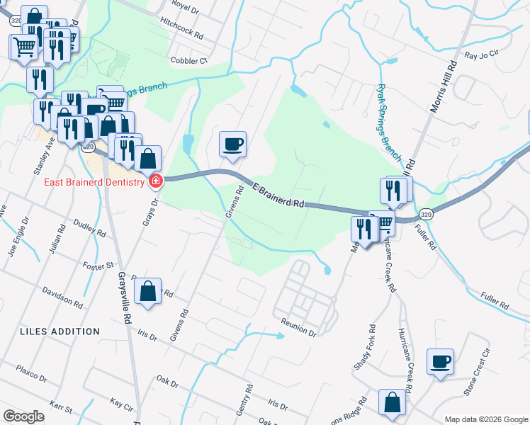 map of restaurants, bars, coffee shops, grocery stores, and more near 8442 1/2 East Brainerd Road in Chattanooga