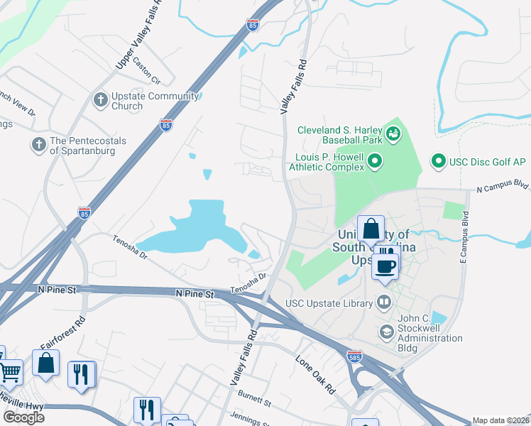 map of restaurants, bars, coffee shops, grocery stores, and more near 7771 Valley Falls Road in Spartanburg