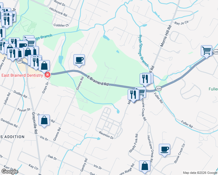 map of restaurants, bars, coffee shops, grocery stores, and more near 8512 East Brainerd Road in Chattanooga