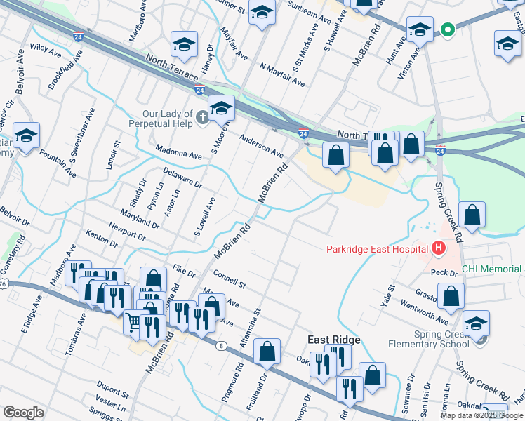 map of restaurants, bars, coffee shops, grocery stores, and more near 1012 Mcbrien Road in Chattanooga