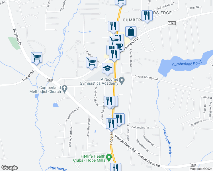 map of restaurants, bars, coffee shops, grocery stores, and more near 2505 Quail Forest Drive in Fayetteville