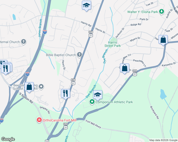 map of restaurants, bars, coffee shops, grocery stores, and more near 125 Creekside Drive in Fort Mill