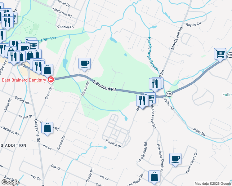map of restaurants, bars, coffee shops, grocery stores, and more near 8512 East Brainerd Road in Chattanooga