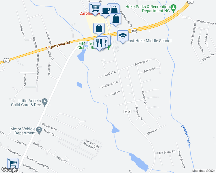 map of restaurants, bars, coffee shops, grocery stores, and more near 191 Centipede Lane in Raeford