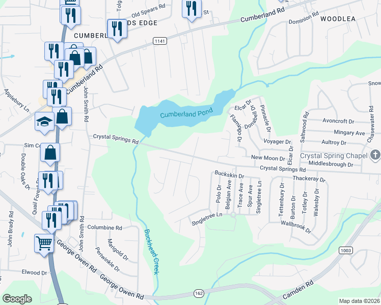 map of restaurants, bars, coffee shops, grocery stores, and more near 1952 Crystal Springs Road in Fayetteville