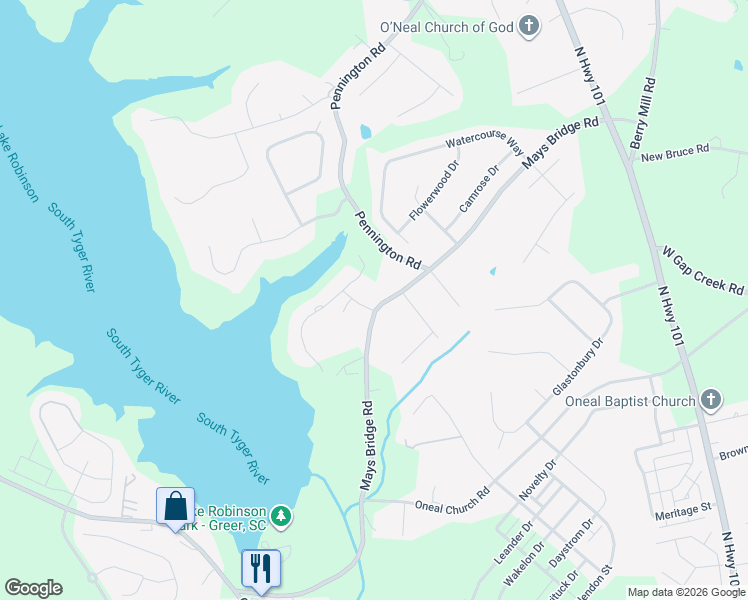 map of restaurants, bars, coffee shops, grocery stores, and more near 2315 Mays Bridge Road in Greer
