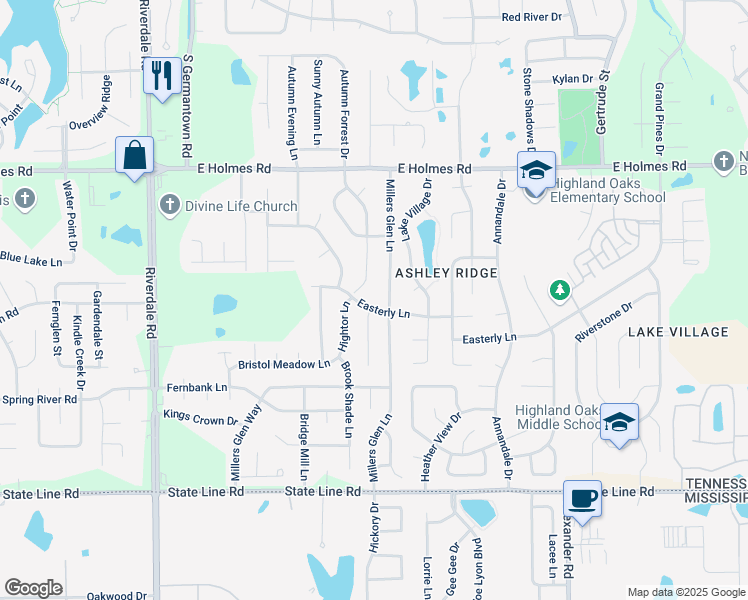 map of restaurants, bars, coffee shops, grocery stores, and more near 7202 Easterly Lane in Memphis