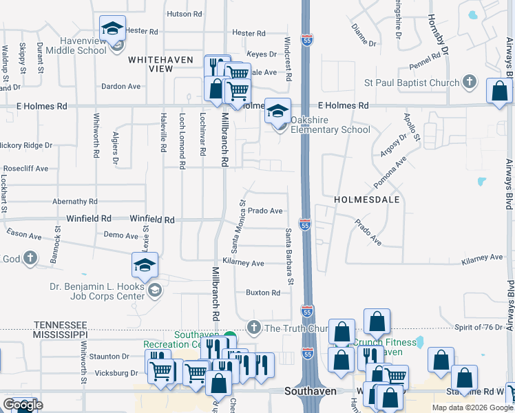 map of restaurants, bars, coffee shops, grocery stores, and more near 1744 Prado Avenue in Memphis