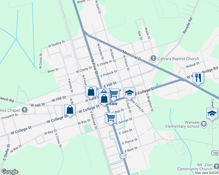 map of restaurants, bars, coffee shops, grocery stores, and more near 214 North Pine Street in Warsaw