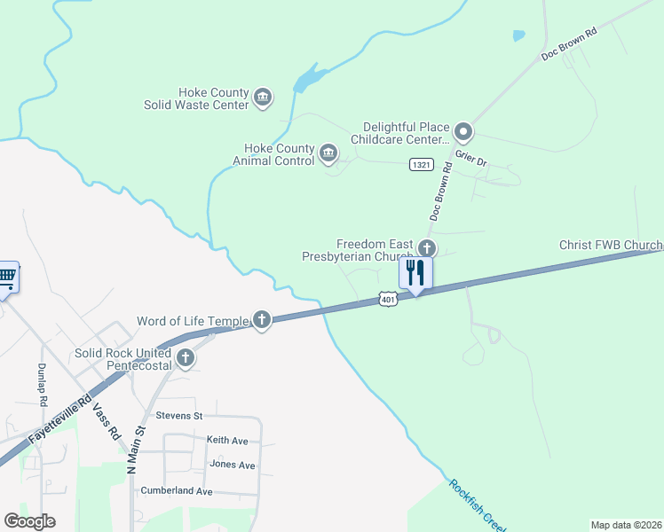 map of restaurants, bars, coffee shops, grocery stores, and more near 111 Hensdale Drive in Raeford