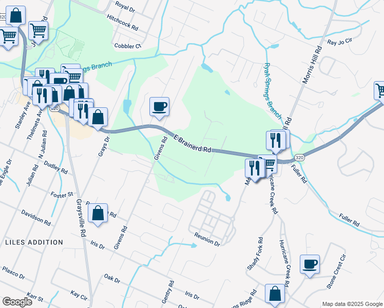 map of restaurants, bars, coffee shops, grocery stores, and more near 8442 1/2 East Brainerd Road in Chattanooga