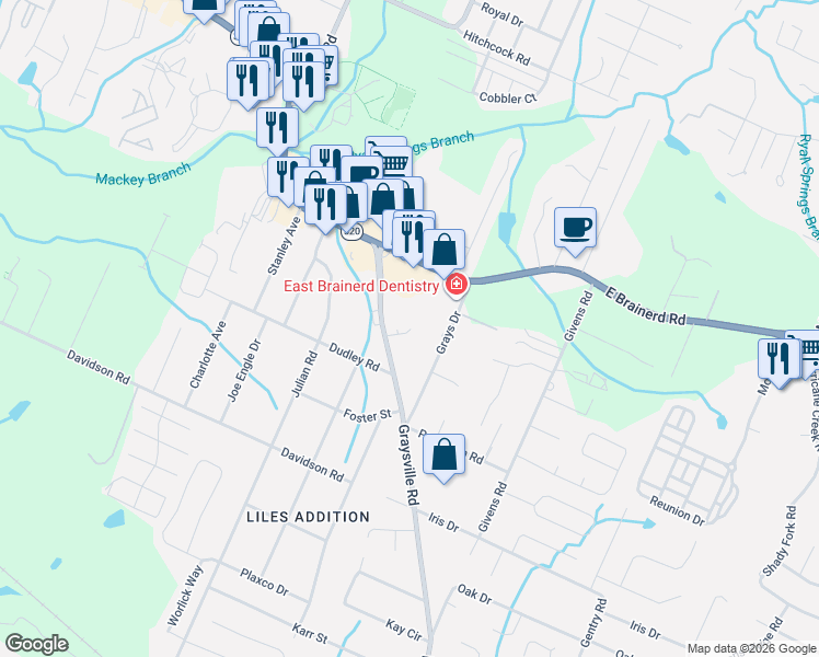 map of restaurants, bars, coffee shops, grocery stores, and more near 1038 Graysville Road in Chattanooga