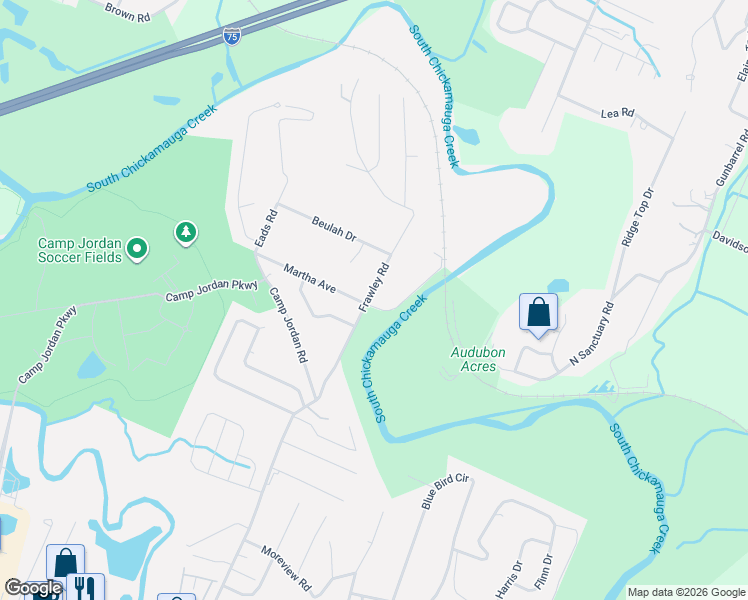 map of restaurants, bars, coffee shops, grocery stores, and more near 225 Frawley Road in Chattanooga
