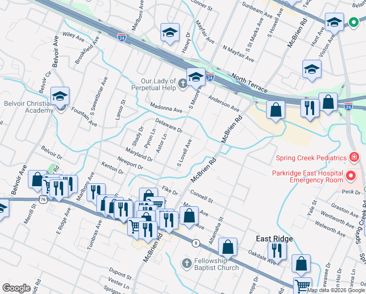 map of restaurants, bars, coffee shops, grocery stores, and more near 1109 South Saint Marks Avenue in Chattanooga