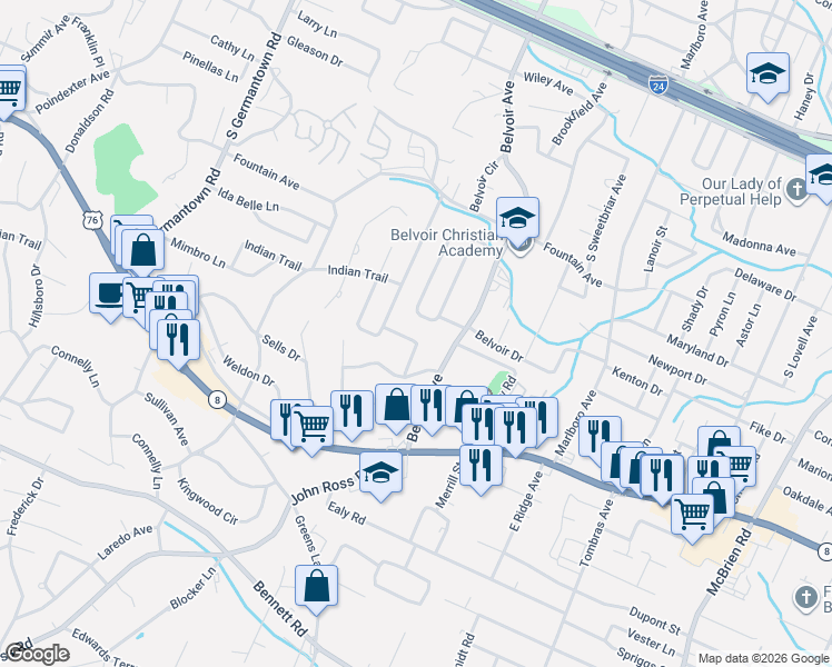 map of restaurants, bars, coffee shops, grocery stores, and more near 4031 Dellway Circle in Chattanooga
