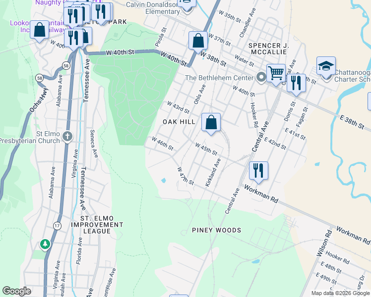 map of restaurants, bars, coffee shops, grocery stores, and more near 400 West 45th Street in Chattanooga