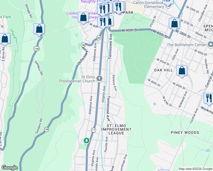 map of restaurants, bars, coffee shops, grocery stores, and more near 4406 Tennessee Avenue in Chattanooga