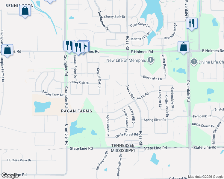 map of restaurants, bars, coffee shops, grocery stores, and more near 6613 Nutall Oak Cove in Memphis