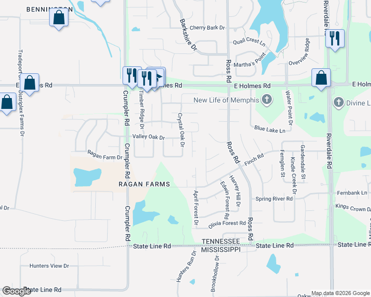 map of restaurants, bars, coffee shops, grocery stores, and more near 6576 Bald Oak Drive in Memphis