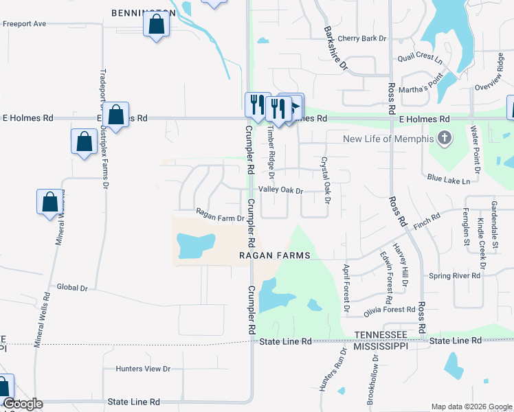map of restaurants, bars, coffee shops, grocery stores, and more near 5394 Meadow Cross Drive in Memphis