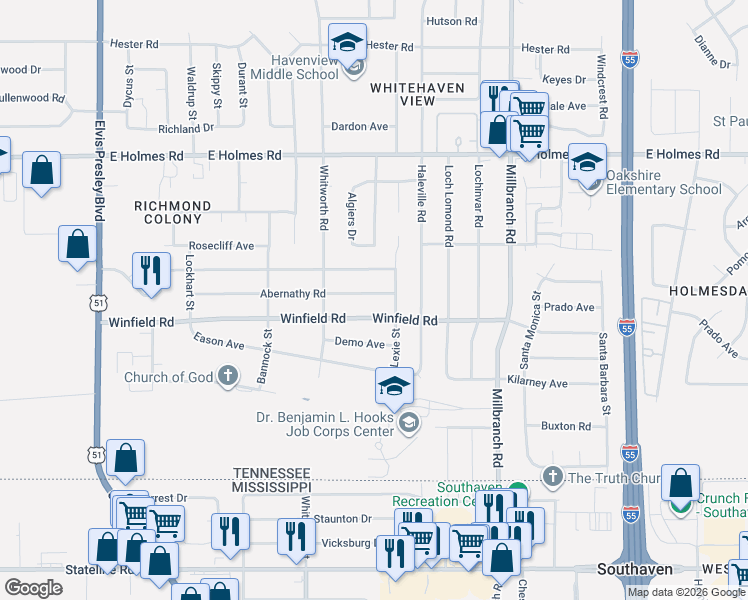 map of restaurants, bars, coffee shops, grocery stores, and more near 1508 Winfield Road in Memphis