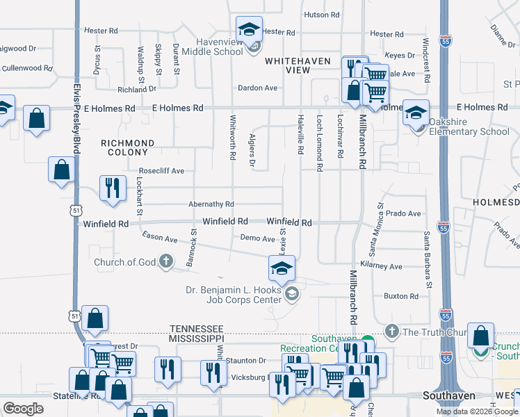 map of restaurants, bars, coffee shops, grocery stores, and more near 1508 Winfield Road in Memphis