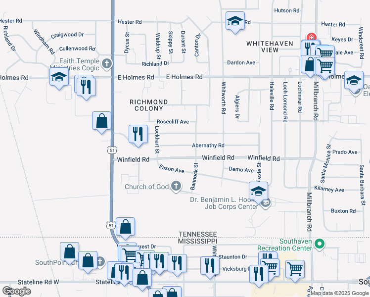 map of restaurants, bars, coffee shops, grocery stores, and more near 1332 Winfield Road in Memphis