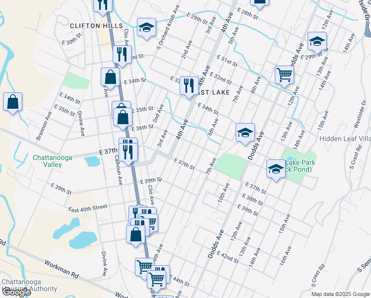 map of restaurants, bars, coffee shops, grocery stores, and more near 3607 5th Avenue in Chattanooga