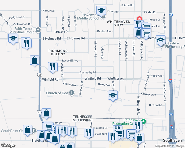 map of restaurants, bars, coffee shops, grocery stores, and more near 1422 Winfield Road in Memphis