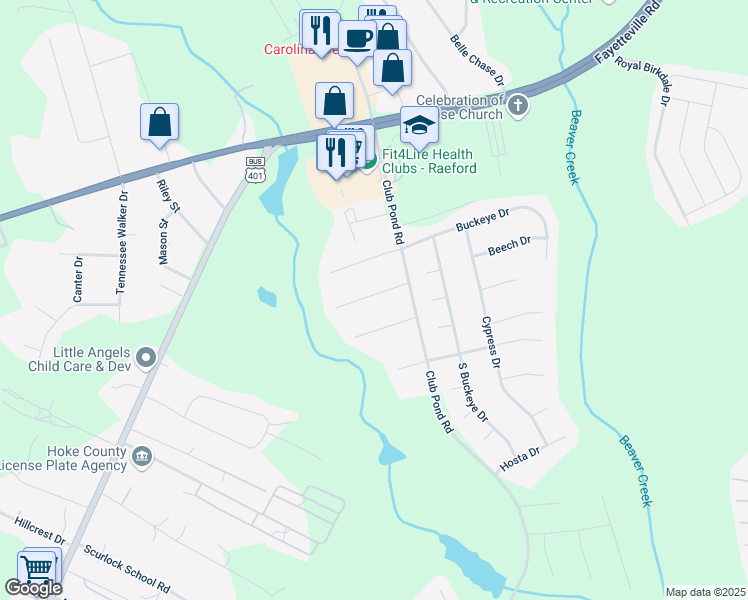 map of restaurants, bars, coffee shops, grocery stores, and more near 175 Centipede Lane in Raeford
