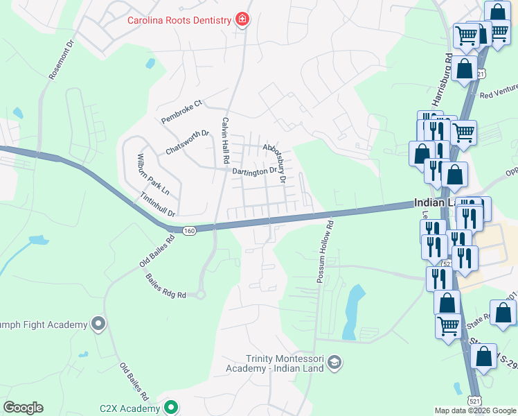 map of restaurants, bars, coffee shops, grocery stores, and more near 3437 Ibis Lane in Indian Land
