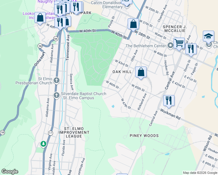 map of restaurants, bars, coffee shops, grocery stores, and more near 708 West 47th Street in Chattanooga