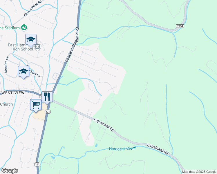 map of restaurants, bars, coffee shops, grocery stores, and more near 9928 Frost Ridge Drive in Ooltewah