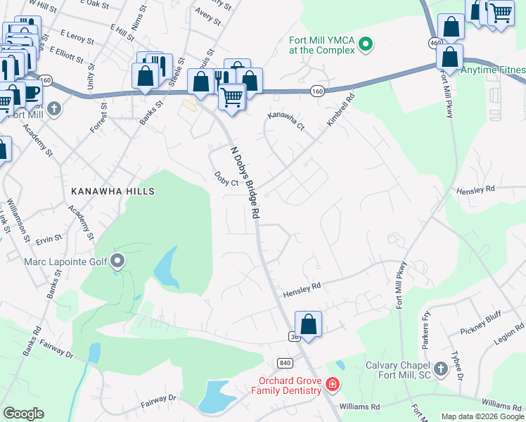 map of restaurants, bars, coffee shops, grocery stores, and more near 1144 Heritage Court in Fort Mill