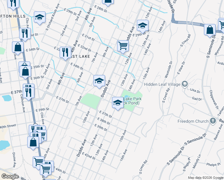 map of restaurants, bars, coffee shops, grocery stores, and more near 12 East 35th Street in Chattanooga
