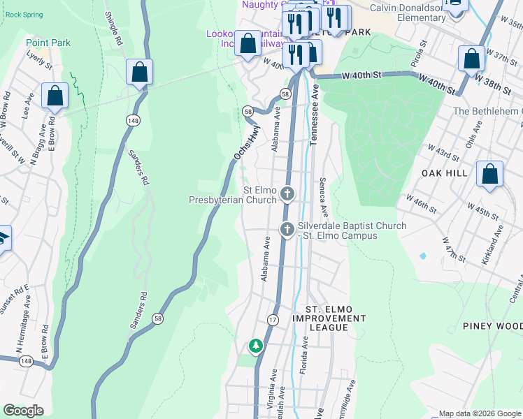 map of restaurants, bars, coffee shops, grocery stores, and more near 4417 Alabama Avenue in Chattanooga
