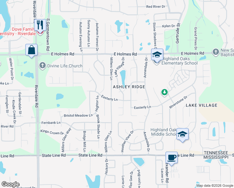 map of restaurants, bars, coffee shops, grocery stores, and more near 7253 Leeward Cove in Memphis