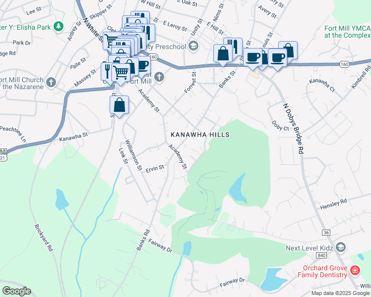 map of restaurants, bars, coffee shops, grocery stores, and more near 106 Country Club Drive in Fort Mill