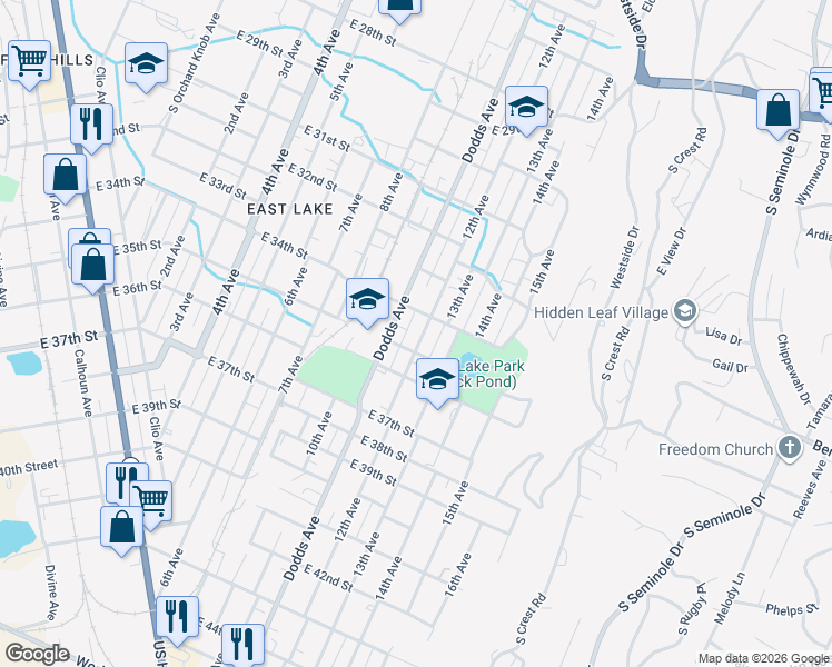 map of restaurants, bars, coffee shops, grocery stores, and more near 12 East 35th Street in Chattanooga