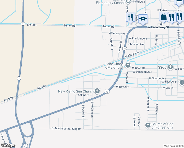 map of restaurants, bars, coffee shops, grocery stores, and more near 417 Sunrise Drive in Forrest City