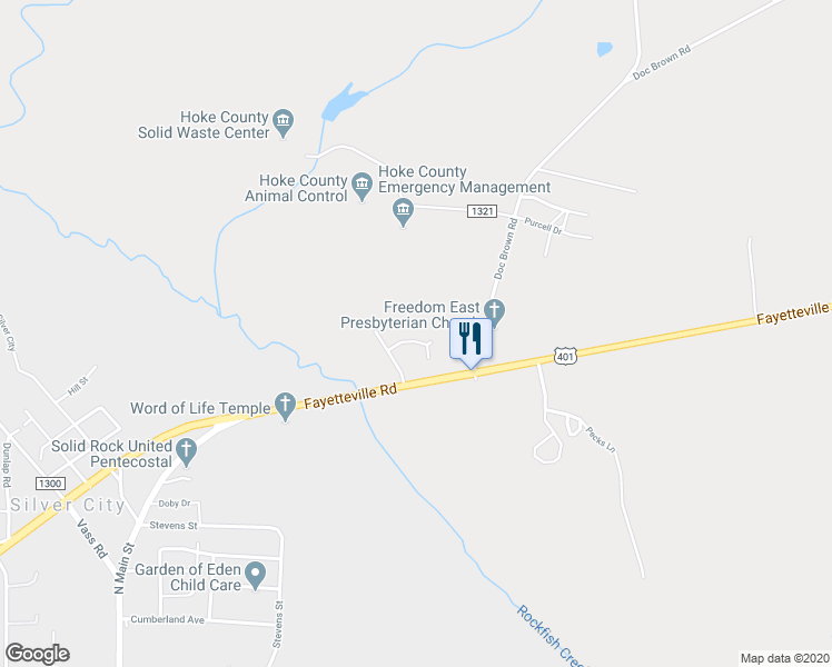 map of restaurants, bars, coffee shops, grocery stores, and more near 107 Wilshire Lane in Raeford