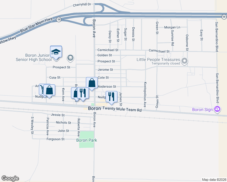 map of restaurants, bars, coffee shops, grocery stores, and more near 27154 Anderson Street in Boron