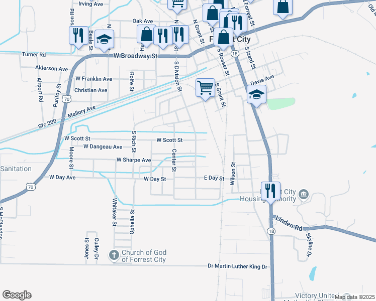map of restaurants, bars, coffee shops, grocery stores, and more near 121 West Street Andrew Avenue in Forrest City