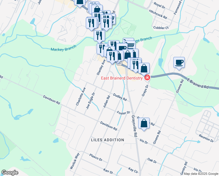 map of restaurants, bars, coffee shops, grocery stores, and more near 8101 Dudley Road in Chattanooga