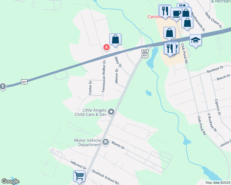 map of restaurants, bars, coffee shops, grocery stores, and more near 3505 U.S. 401 Business in Raeford