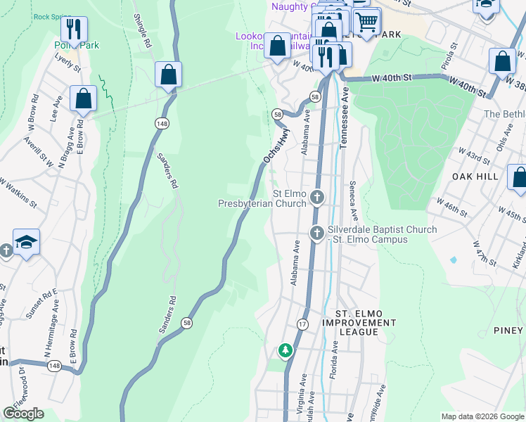 map of restaurants, bars, coffee shops, grocery stores, and more near 4409 Guild Trail in Chattanooga