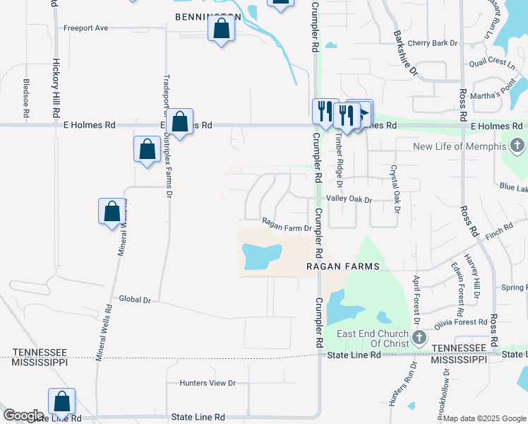 map of restaurants, bars, coffee shops, grocery stores, and more near 5384 Farm Ridge Drive in Memphis