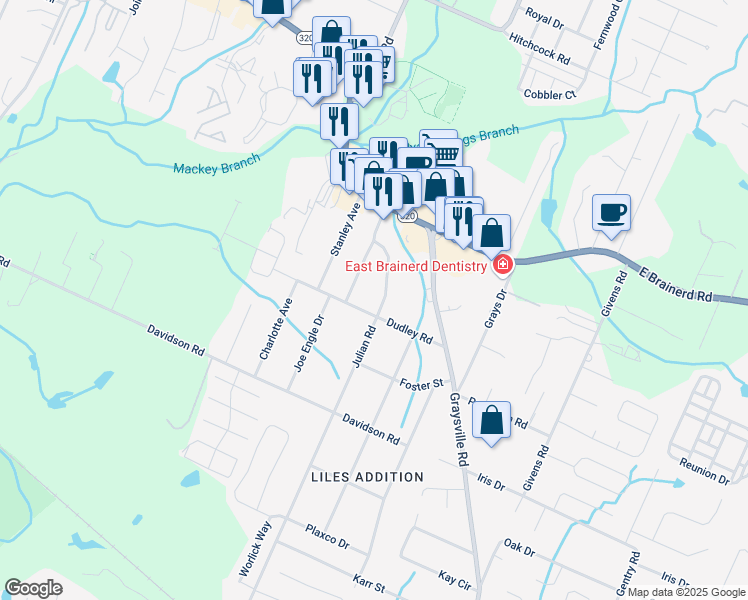 map of restaurants, bars, coffee shops, grocery stores, and more near 8101 Dudley Road in Chattanooga
