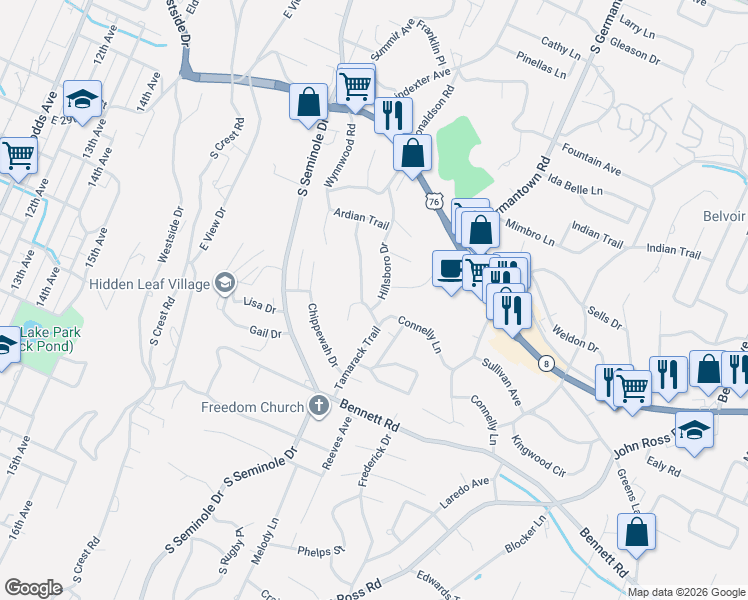 map of restaurants, bars, coffee shops, grocery stores, and more near 3407 Connelly Lane in Chattanooga