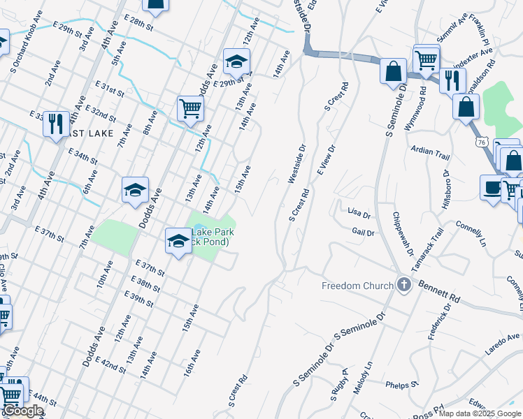 map of restaurants, bars, coffee shops, grocery stores, and more near 3186 16th Avenue in Chattanooga